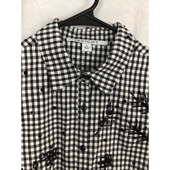 Insight Women's Small Button Down Long Sleeve Checkered Bell Sleeves Embellished - Picture 2 of 11